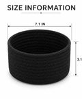 Size information for Super Handy Small Woven Cotton Rope Basket For Versatile Home Organization black storage bin measuring 7.1 x 3.1 inches.