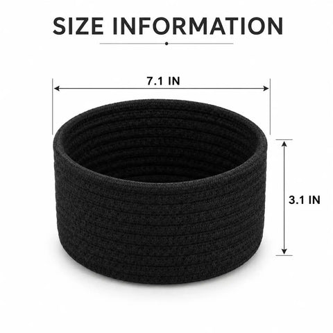 Size information for Super Handy Small Woven Cotton Rope Basket For Versatile Home Organization black storage bin measuring 7.1 x 3.1 inches.