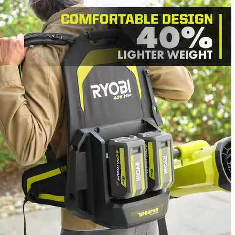 Badass 40V Cordless Backpack Leaf Blower With Brushless Motor shows comfortable, lightweight design with two battery packs for efficient use.