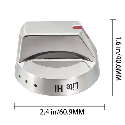 Stainless steel Burner Dial Knob Replacement for Samsung Range Oven Gas Stove NX58 Models, showing measurements 2.4x1.6 inches