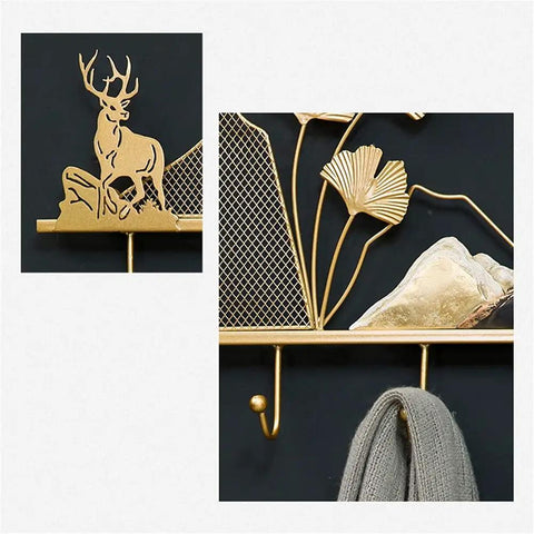 Tough Metal Wall Hook Heavy Duty Coat Rack With Extra Spacious Storage For Keys Umbrellas Coats And Hats features deer and floral design.