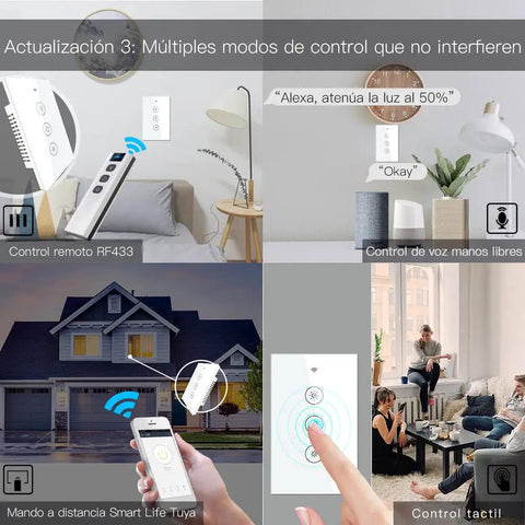 Smart Dimmer Light Switch 2/3 Way With Remote Control And Tuya Smart Life App Compatibility shown in various control scenarios.