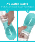 Leak Proof Dog Water Bottle For Outdoors, Portable Puppy Dispenser with built-in feeder, 19oz blue design in use.