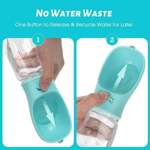 Leak Proof Dog Water Bottle For Outdoors, Portable Puppy Dispenser with built-in feeder, 19oz blue design in use.