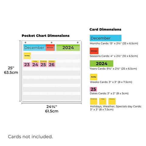 Dimensions of Durable Nylon Classroom Calendar Pocket Chart For 2.75 By 2.75 Cards With 24 Inch Hanging Ideal For Homeschool And School Use