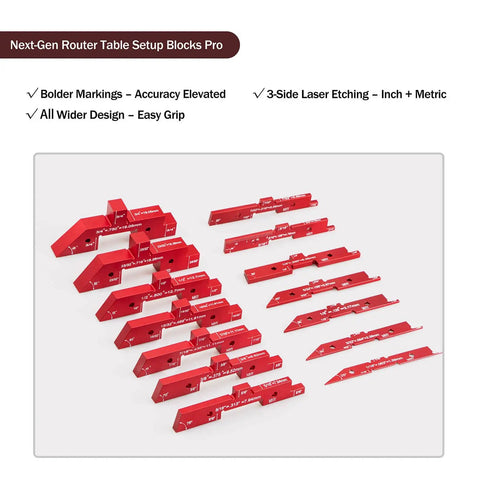 Pro Grade Fifteen Piece Aluminum Table Setup Blocks For Woodworking With 6061 T651 Aluminum For Rock Solid Height Depth And Angle Alignment And Fence Gauge Plus Laser Marked Durable Storage Case, red CNC blocks