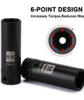 Beefy Heavy Duty 49 Piece Three Eighths Inch Drive Impact Socket Set With Deep And Shallow Sockets Five Sixteenths To Three Quarters Inch And Eight To Twenty Two Millimeter SAE And Metric 6 Point Includes Extension Bar Universal Joint Adapter CRV Steel showing two CR-V sockets, 9/16 and 16mm, with 6-point design diagram.