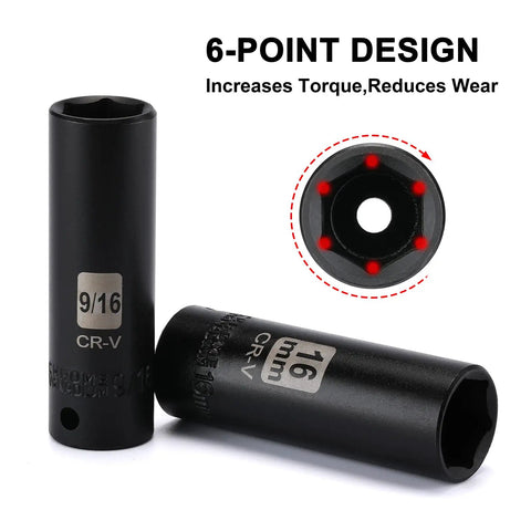 Beefy Heavy Duty 49 Piece Three Eighths Inch Drive Impact Socket Set With Deep And Shallow Sockets Five Sixteenths To Three Quarters Inch And Eight To Twenty Two Millimeter SAE And Metric 6 Point Includes Extension Bar Universal Joint Adapter CRV Steel showing two CR-V sockets, 9/16 and 16mm, with 6-point design diagram.