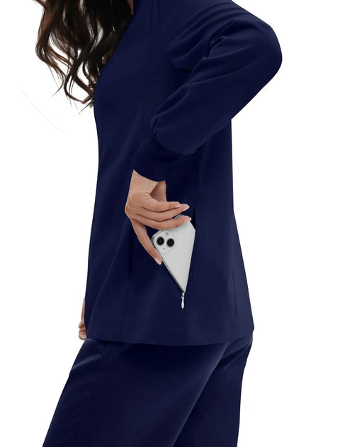 Women Go To Zip Front Scrub Jacket Four Pocket Medical Top Ultra Soft Stretch Uniform Coat Durable Pro Grade Clinical Wear Super Comfy Fit Top with phone in hidden pocket.