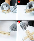 BESTNULE leather cutter with wooden ruler, front view, gloved hands.
BESTNULE leather cutter side view showing ruler scale and hardware.
BESTNULE leather cutter close-up of blade edge.
BESTNULE leather cutter assembled on wooden jig, ruler and screws visible.
