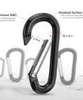 Close-up of Three Inch Aluminum Carabiner D Ring Clip Set of 10 With 30mm Steel Rings, highlighting anodized surface and size.