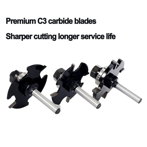 Three Piece Slot Cutter Router Bit Set With One Quarter Inch Shank Four Flute Nine Sixteenths Inch Cutting Depth Carbide Tip