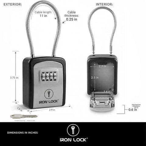 Heavy Duty Combination Key Box With Rolling Dial Mechanism For Outdoor Home Security dimensions and interior details.