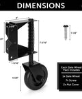 Dimensions of Heavy Duty 4.3 Inch Gate Caster Wheel With Spring Loaded Design For Uneven Ground, 360 Degree Swivel, Right Angle Mount Plate, Fits Wooden Or Metal Gates, 220 Lb Capacity, Left And Right Installations, Black shown.