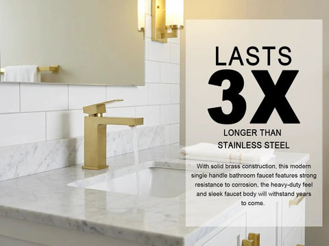 Brushed Gold Single Hole Bathroom Faucet With Pop Up Drain, Modern One Handle Vanity Sink Tap, Deck Plate Included, 1.2 GPM, Solid Brass Construction, Lead Free, cUPC NSF ADA