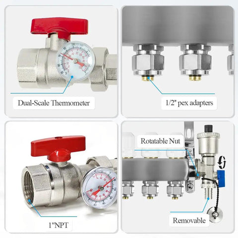 5-Loop PEX Radiant Manifold For Hydronic Floor Heating, Stainless Steel, 1/2 Inch Outlets, Up To 1.3 GPM Flow, Includes 1/2 Inch Connectors