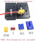 Badass Heavy Duty Soldering Station Jig And Tool Holder For Xt90 Ec5 Ec3 TPlugs Xt30 Connectors And Silicone Wires Holds Everything Tight So You Can Crush RC Builds Without The Mess With Pro Grade Abs Construction with XT30, T, EC3, and EC5 connectors displayed.