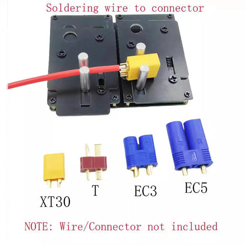 Badass Heavy Duty Soldering Station Jig And Tool Holder For Xt90 Ec5 Ec3 TPlugs Xt30 Connectors And Silicone Wires Holds Everything Tight So You Can Crush RC Builds Without The Mess With Pro Grade Abs Construction with XT30, T, EC3, and EC5 connectors displayed.