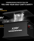 38.4V lithium golf cart battery with fire arrestor, showing extinguishing feature and branding, against black background