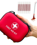 Front view of red mini first aid kit with white cross; includes 12 cotton swabs and a small applicator brush.