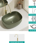 Retro Green Ceramic Above Counter Bathroom Vessel Sink, Artistic Curved Design, Scratch-Resistant & Easy-to-Clean Vanity Sink for Home, Balcony, Guest Bath (23.6in/60cm) with brushed gold faucet.