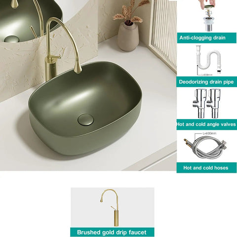 Retro Green Ceramic Above Counter Bathroom Vessel Sink, Artistic Curved Design, Scratch-Resistant & Easy-to-Clean Vanity Sink for Home, Balcony, Guest Bath (23.6in/60cm) with brushed gold faucet.