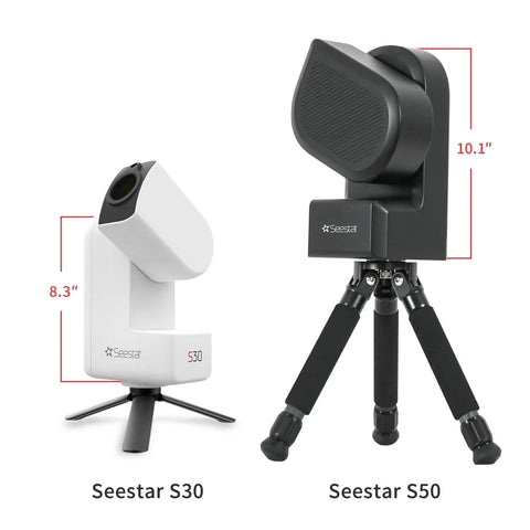All In One Smart Digital Telescope With Built In Camera Ultra Portable Travel Companion For Astronomy Lovers And Casual Stargazers Automatic Star Finding Tracking And Easy Setup For Night Sky Adventures showing Seestar S30 and S50 models on tripods