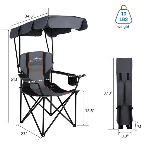 Oversized Camping Chair With Adjustable Canopy 380 Lbs Capacity Heavy Duty Portable Folding Beach Chair With Shade, dimensions labeled