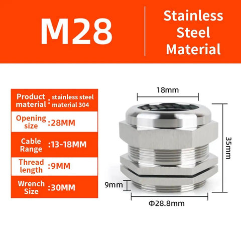 Dimensions and specifications of Two Pack M28 Cable Glands Stainless Steel 304 Waterproof IP68 Built Tough Cord Grip Connectors.