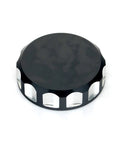 Black anodized CNC machined 6061 T6 aluminum front brake fluid reservoir cap for sportbikes, top view, fits GSX R 600 750 1000 Yamaha YZF R1 R6 Triumph Honda Kawasaki
