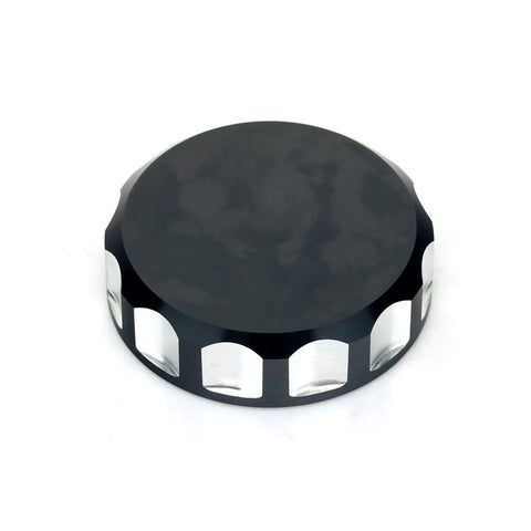 Black anodized CNC machined 6061 T6 aluminum front brake fluid reservoir cap for sportbikes, top view, fits GSX R 600 750 1000 Yamaha YZF R1 R6 Triumph Honda Kawasaki