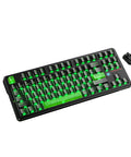 TKL Wireless Mechanical Gaming Keyboard Black Built Different With Massive 10000Mah Battery Smart Dot Matrix Screen And Zero Lag Keys view from above with RGB backlit keys in green.