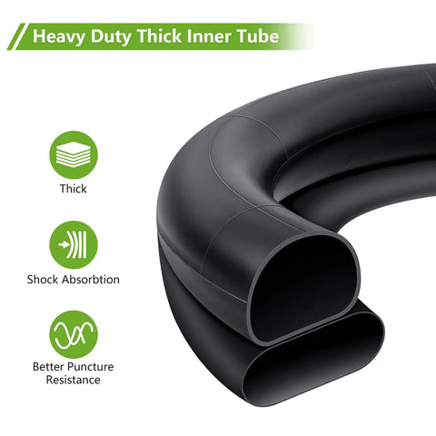 Heavy Duty 14x3 Inner Tube For 14 Inch E Bikes Scooters Mopeds Choppers And Folding Bikes With Bent CR202 Valve Stem Built Tough Forty Percent Thickened For Extra Durability Wide Fit On 14x3 Tires 1 Piece, black butyl rubber tube