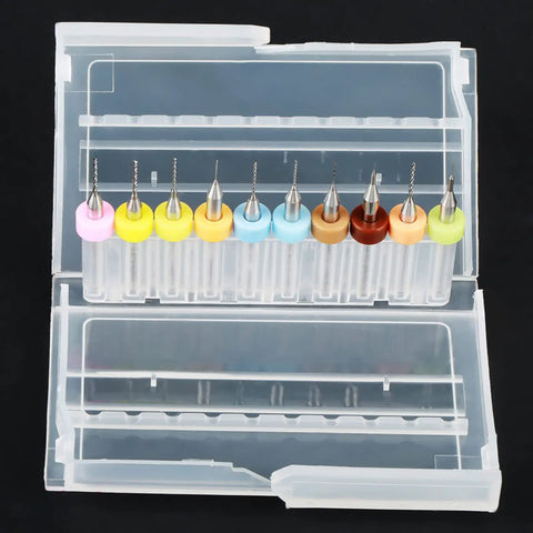 110 Pcs 0.1 To 1.0 Mm Tungsten Carbide Drill Bit Set Ultra Sharp Tips in clear holder with colorful ends for PCB circuits.