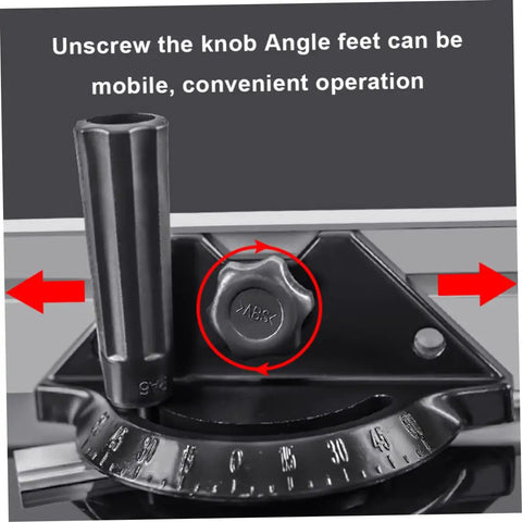 Rock Solid Adjustable Table Saw Miter Gauge With Precision Aluminum Fence And Clear Degree Scale For Dead Nuts Accurate Woodworking Cuts And Rapid Angle Adjustments showing adjustable knob and angle feet.