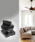 4 Position Ceiling Fan Speed Switch With 3 Speeds And Off Dope Black Rotary Controller alongside a ceiling fan in a living room.