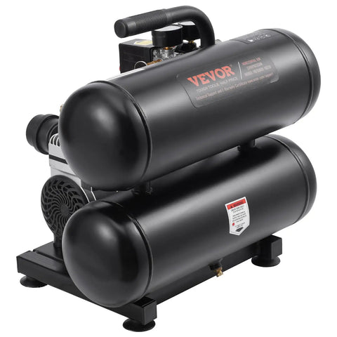 Heavy Duty Oil Free Air Compressor 4.6 Gallon Steel Tank showing dual tanks and compact design for tire inflation and auto repair.