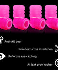 Glow In The Dark Tire Valve Cap Set For Cars, Motorcycles, And Bicycles in Pink, showing anti-skid gear and features list.