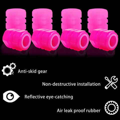 Glow In The Dark Tire Valve Cap Set For Cars, Motorcycles, And Bicycles in Pink, showing anti-skid gear and features list.