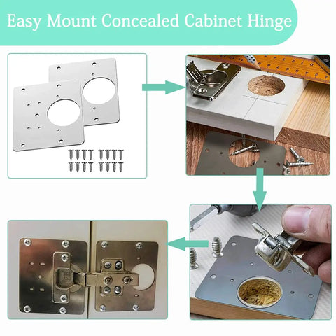 Six Piece Hinge Repair Bracket Set For Cabinets And Cupboards with mounting screws and installation on wood surface