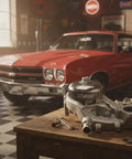 G9670 Water Pump For GM 4.8L 5.3L 6.0L 6.2L Engine on workbench, classic car in garage background