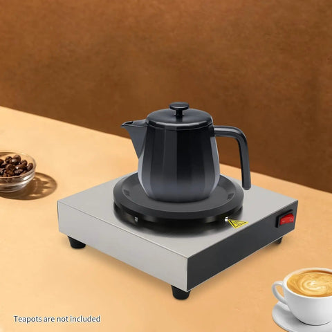 Straight Up Coffee Pot Warmer Hot Plate Keeping Daily Brews And Teas Properly Toasty With Reliable Eighty Watt Steady Heat For Kitchen Counters Or Office Desks Smooth Vibes For Kickback Gatherings And Cafes, featuring a black pot on a metal heating surface.