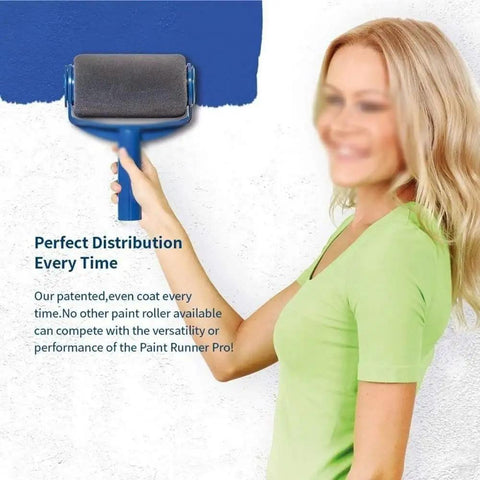 Woman using Super Slick Seamless Paint Roller Brush Kit With Flocked Wall Edger to paint a wall smoothly and evenly.