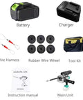 Portable Electric Wire Threading Machine With Powerful 48V Lithium Battery components including battery, charger, wire harness, wheels, tool kit.