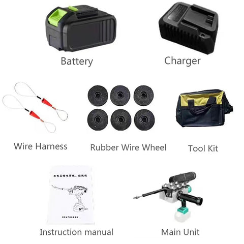 Portable Electric Wire Threading Machine With Powerful 48V Lithium Battery components including battery, charger, wire harness, wheels, tool kit.