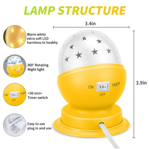 Rotating Star Projector Night Light For Nursery Plug In Ceiling Light With 30 Minute Timer Cozy 3000K White Glow dimensions