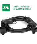 Heavy Duty Electric Vehicle Charger Cable Type 2 To Type 1 Plug 32 Amp 1 Phase Seven Point Two Kilowatt Evse Wallbox Cord with plug ends.