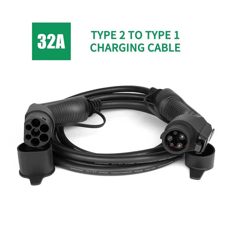 Heavy Duty Electric Vehicle Charger Cable Type 2 To Type 1 Plug 32 Amp 1 Phase Seven Point Two Kilowatt Evse Wallbox Cord with plug ends.