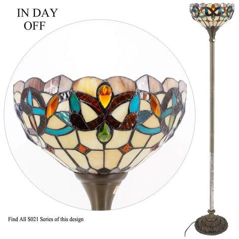Tiffany Style Floor Lamp With 12 Inch Stained Glass Shade 71 Inch Tall Antique Bronze Base Uplight Torchier With Foot Switch