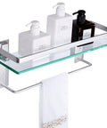 Glass Bathroom Shelf With Hand Towel Bar Wall Mounted Rectangular Storage Extra Thick Tempered Glass 15.2 x 4.5 Inches with bottles